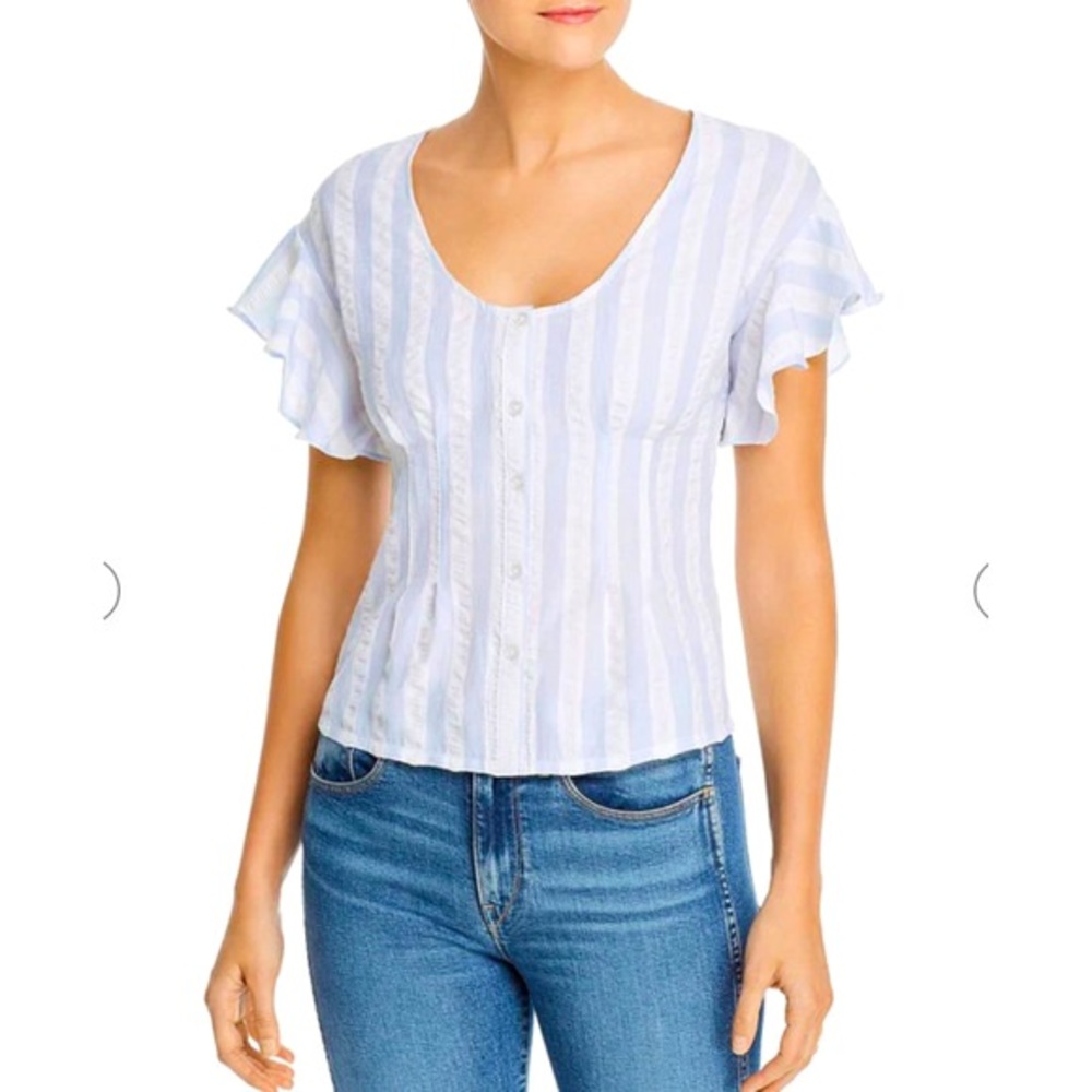 Cupcakes and Cashmere blue and white stripe flutter sleeve blouse